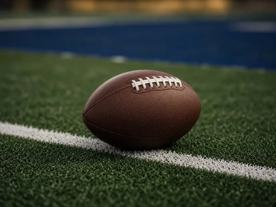 Balón oval sobre el césped de un campo de fútbol americano