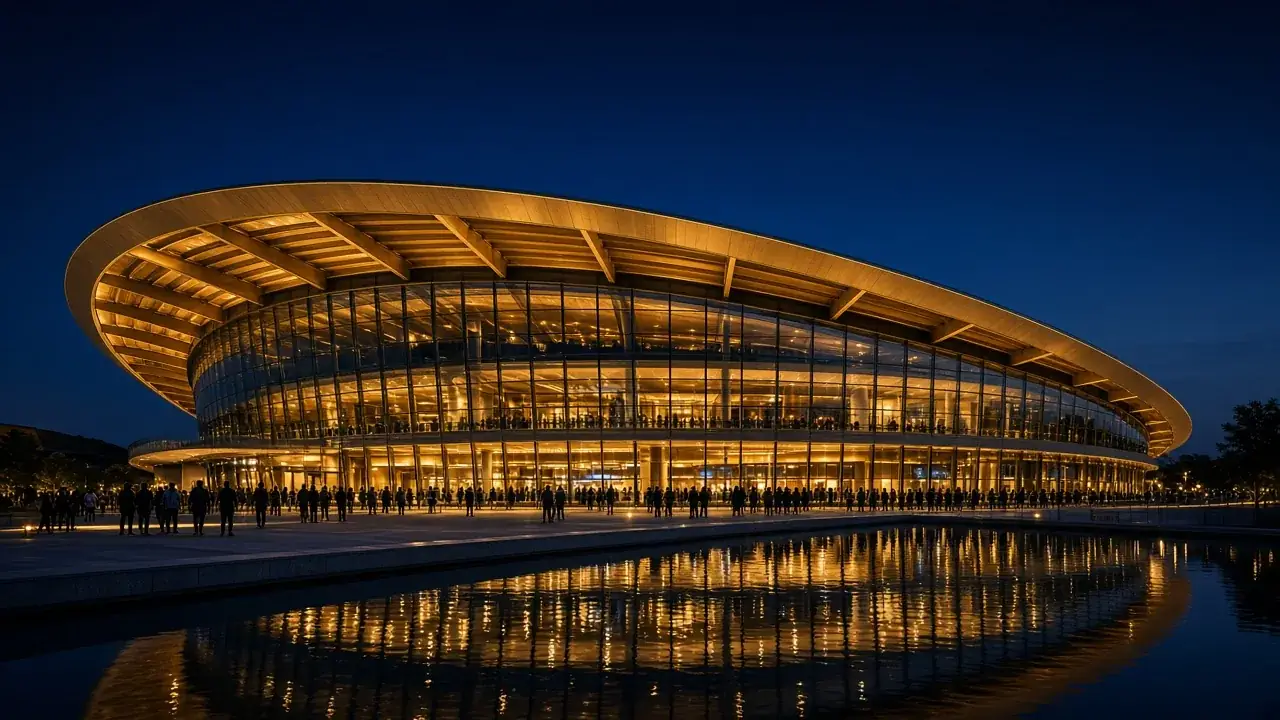 An American football stadium at dusk, warm lights over a lake
