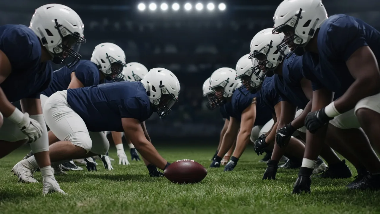 American football players at the line of scrimmage
