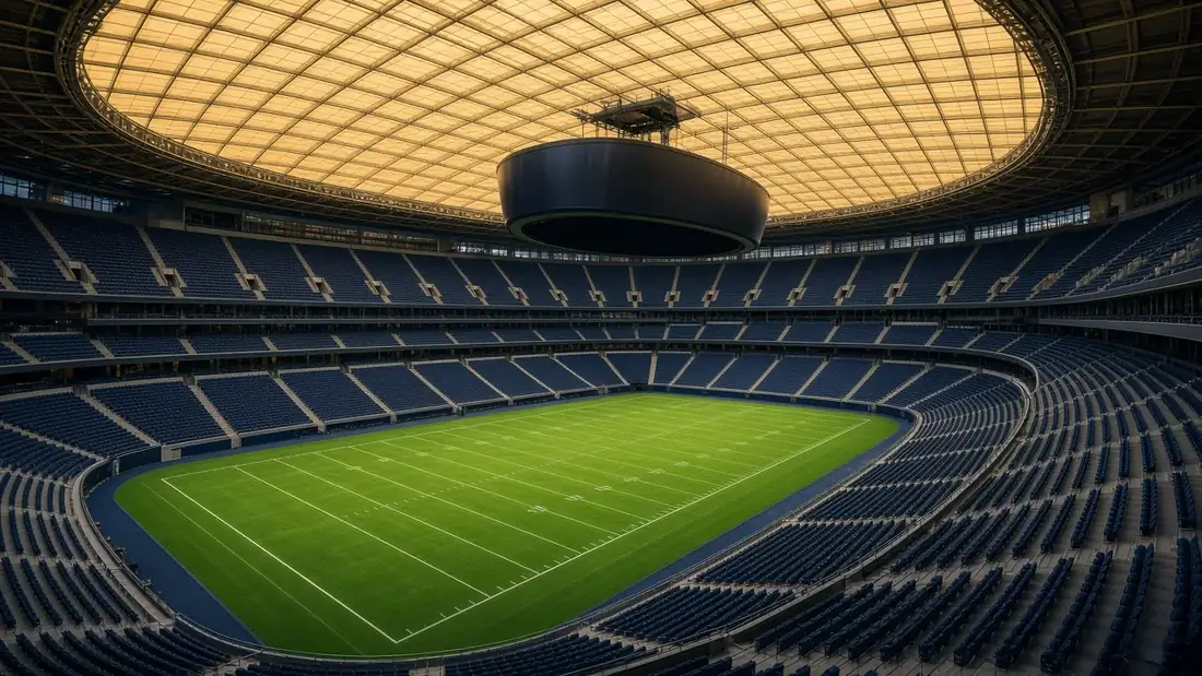 An American football field seen from the stands, yard lines painted every ten yards