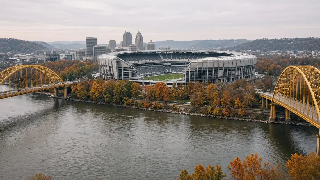 Acrisure Stadium in Pittsburgh beside the bridges